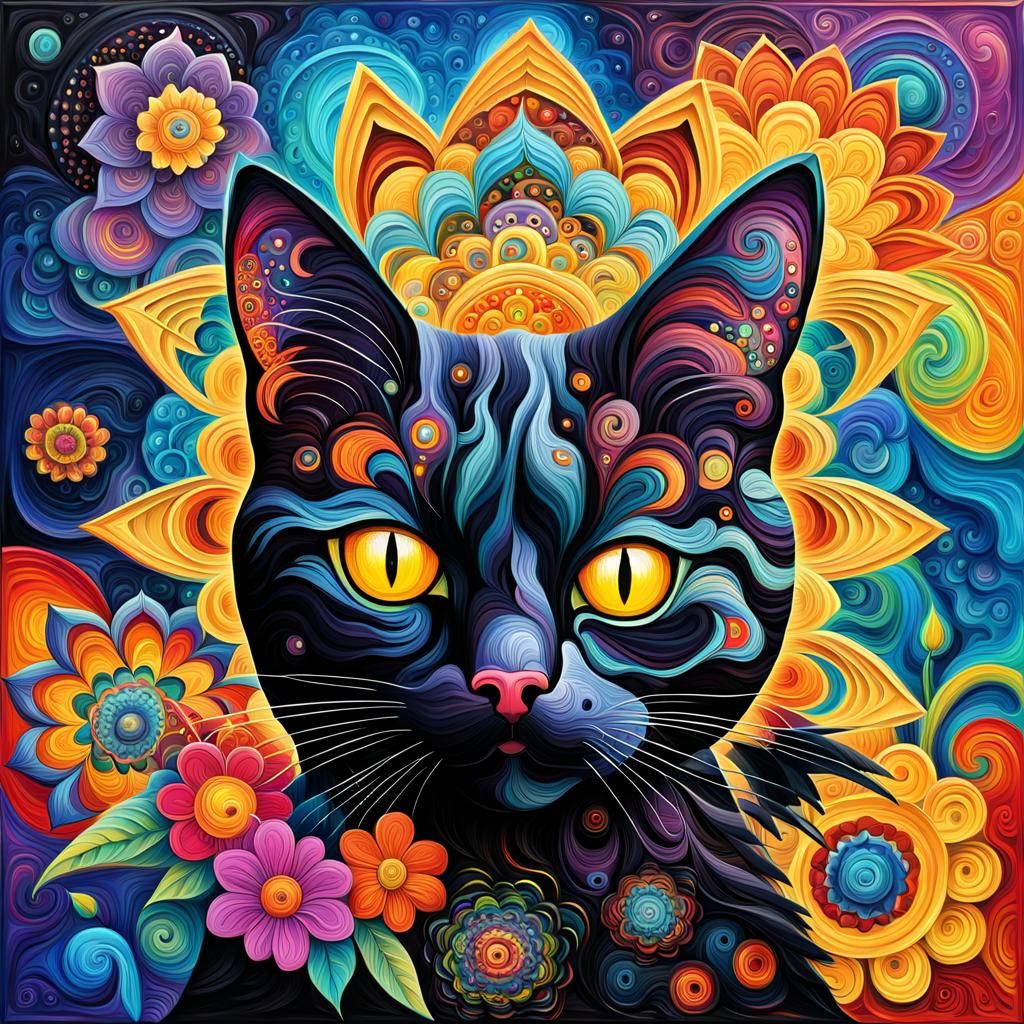 Sacred Geometry Mysterious Black Cat with Bright Eyes Bright Colors ...