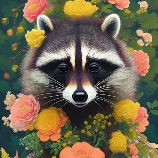 Beautiful cute front portrait Raccoon 🦝, big fluffy curly fur , herbs ...