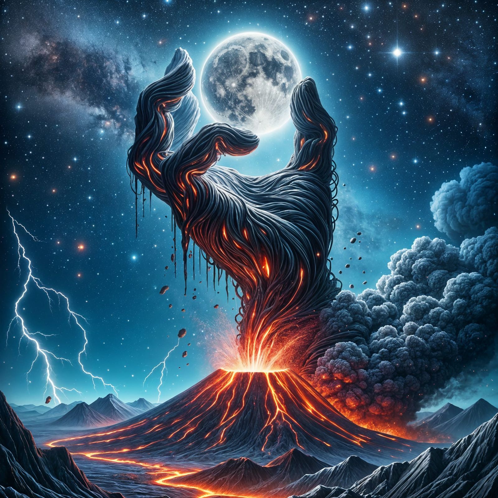 Volcanic Island Erupts Under Starry Night Sky in Cyberpunk S...