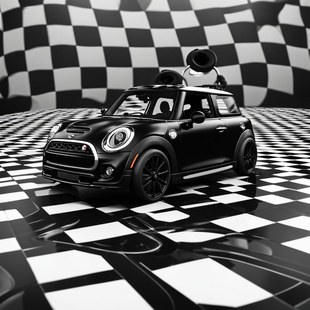 slick black mini cooper with dragster engine and rugged mag wheels against a concentric black and white circle backgroun...