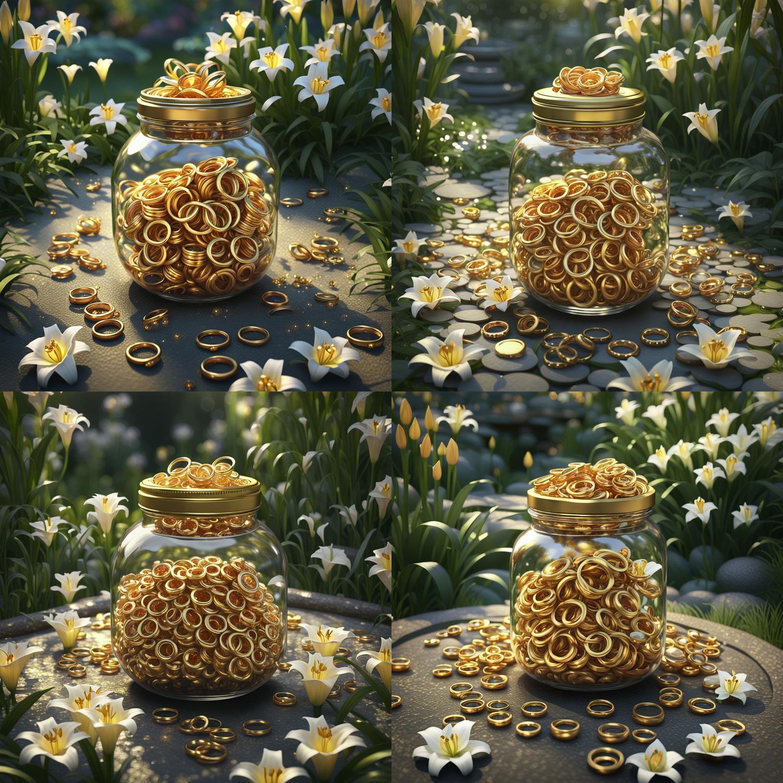 A beautiful jar filled with golden jeweled rings in a lily g...
