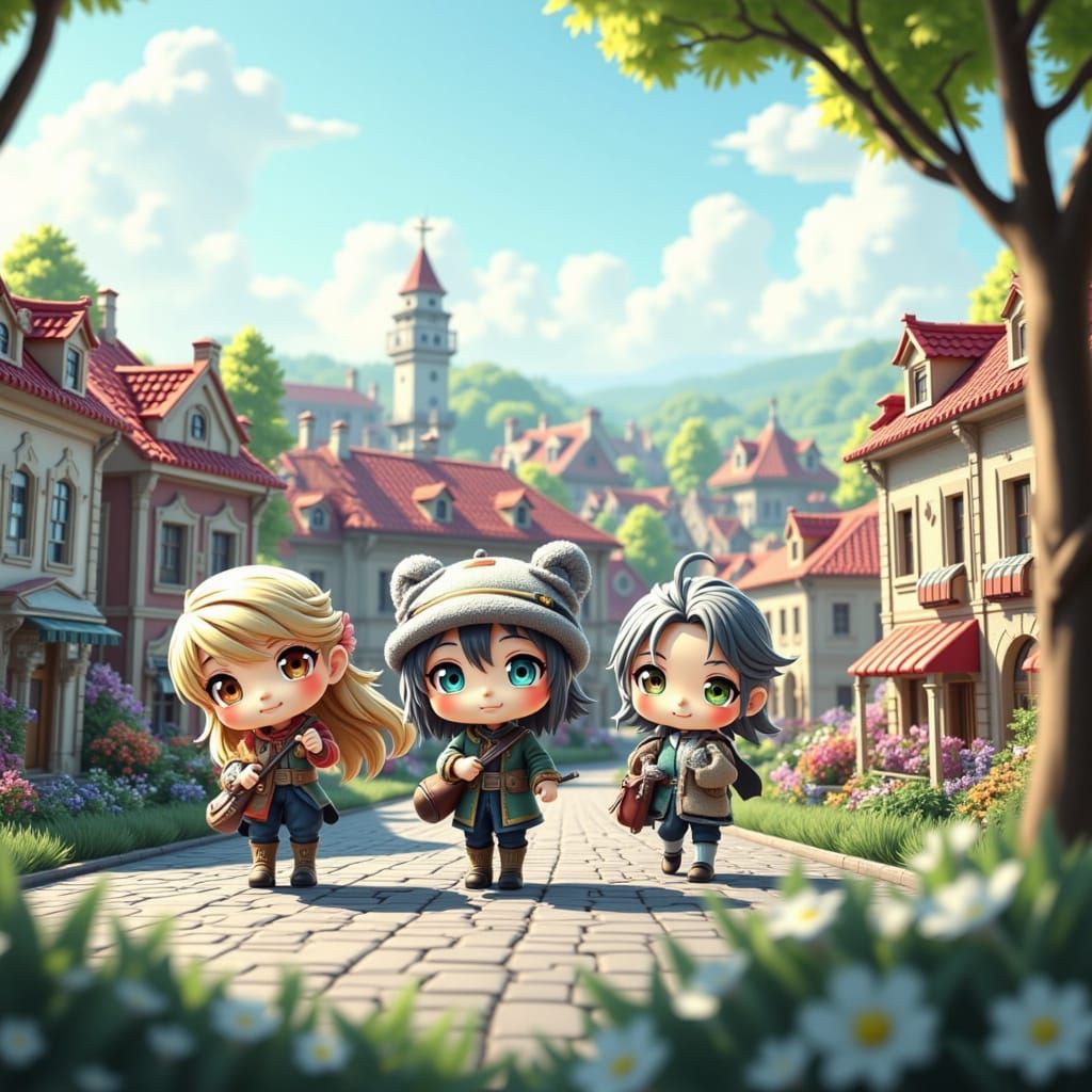 <lora:Chibi-Chibi:1.0> a chibi townscape full of life during a beautiful spring day.