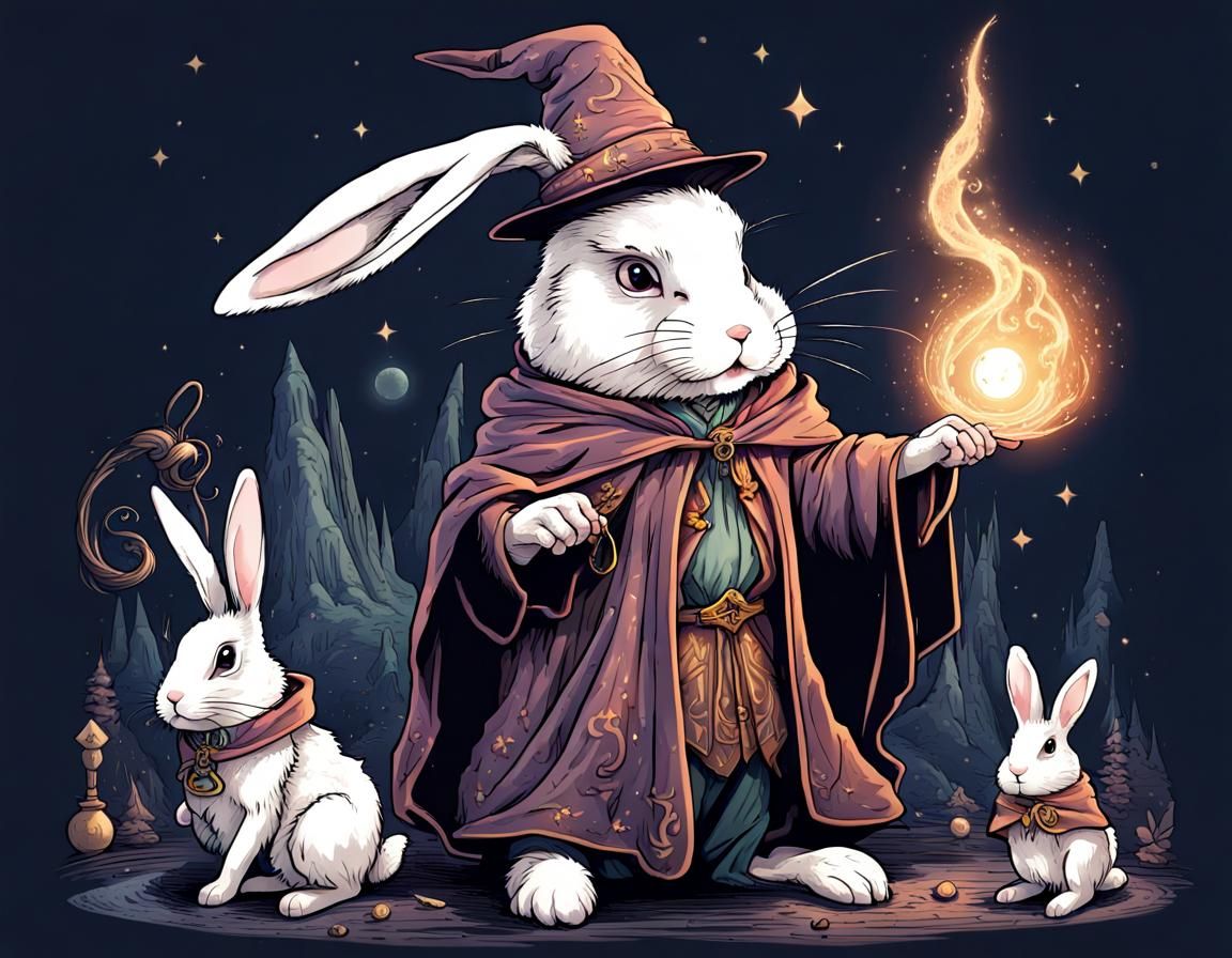 Bunny with a wizard hat and a cloak holding forming a magical curse