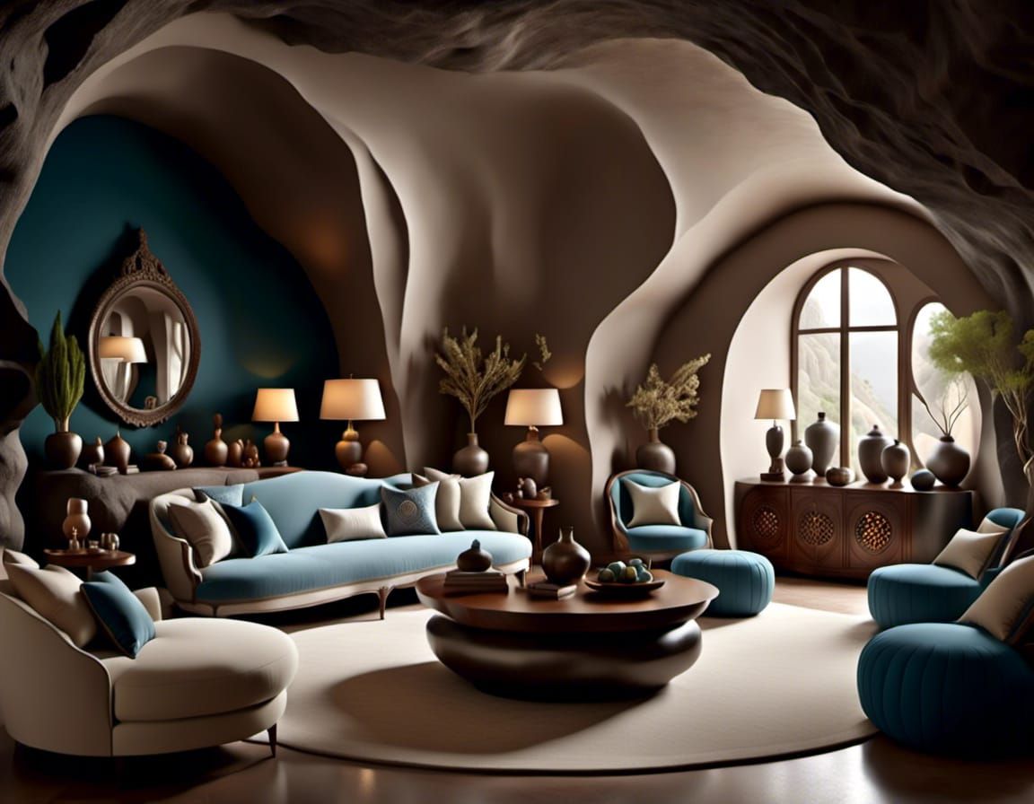 <lora:CaveHome:1.0> living room furnished with decorative vases, ornated lamps, houseplants, a lit fireplace, inbuilt furniture carved from...