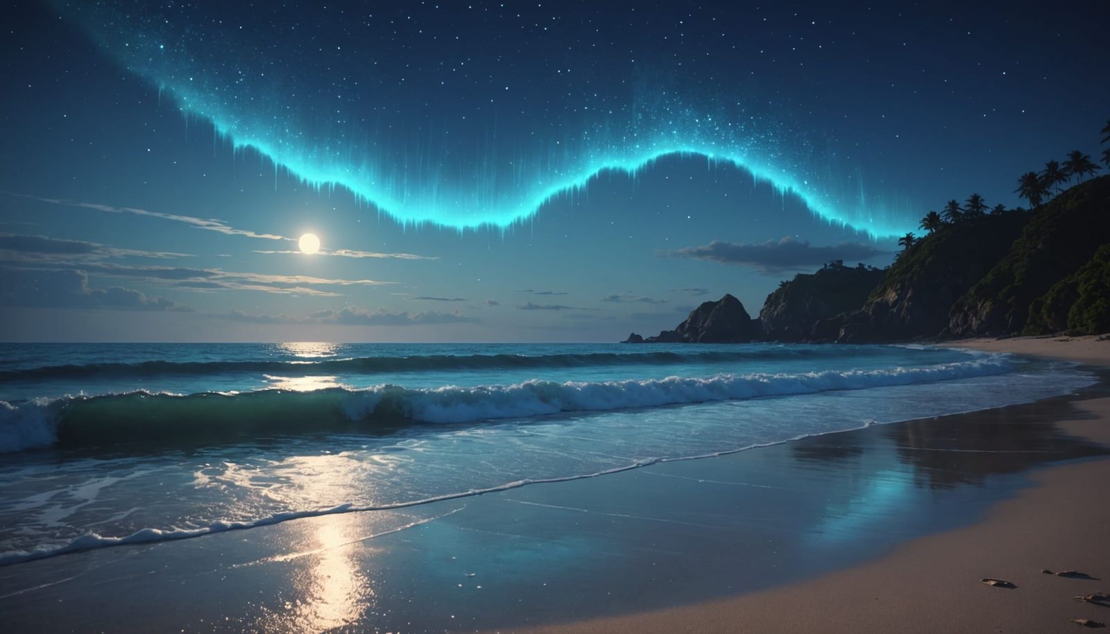 Dreamy concept art. Medium shot. Bioluminescent waves on shoreline. Low angle. Ethereal digital painting. ...  by @Rhyder
