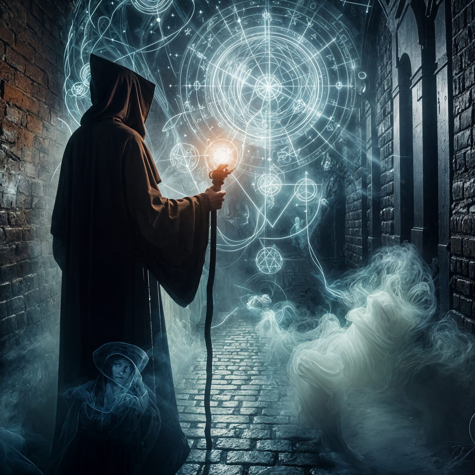 A mysterious figure in a robe with a staff in his hands stan...