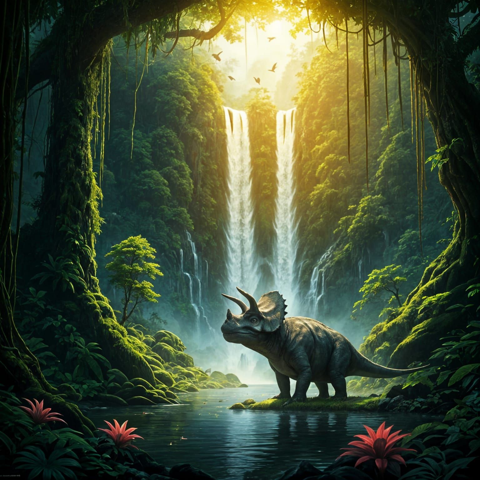 "A majestic dinosaur stands near the base of a massive waterfall in a lush, tropical jungle. The scene ...  by @kondziob