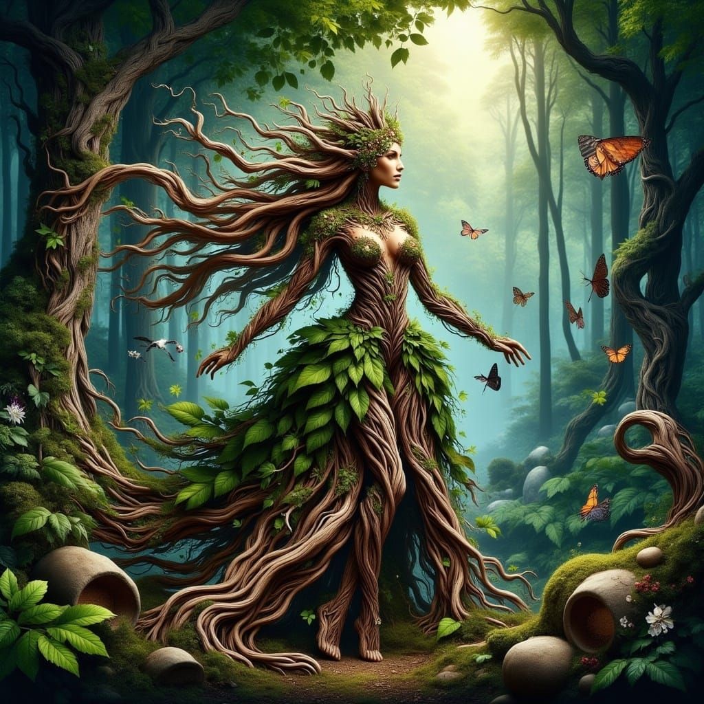 A woman in a dress made out of wood, vines and natural materials <lora:Terra Flux:1.0> , beautiful forest 