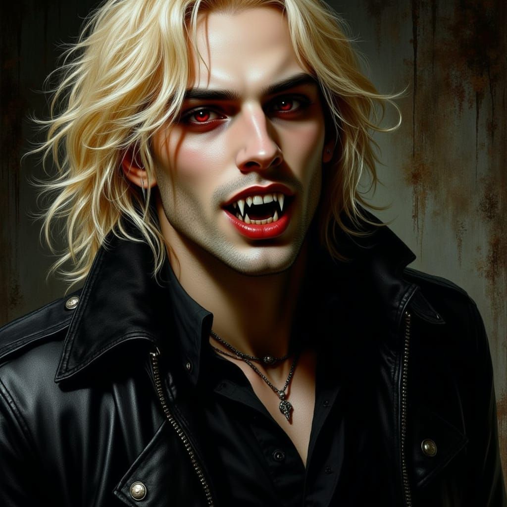 Portrait of a blonde wavy haired man in a black leather jacket. He is a vampire that shows his fangs in the style of vampire with fangs. <lo...