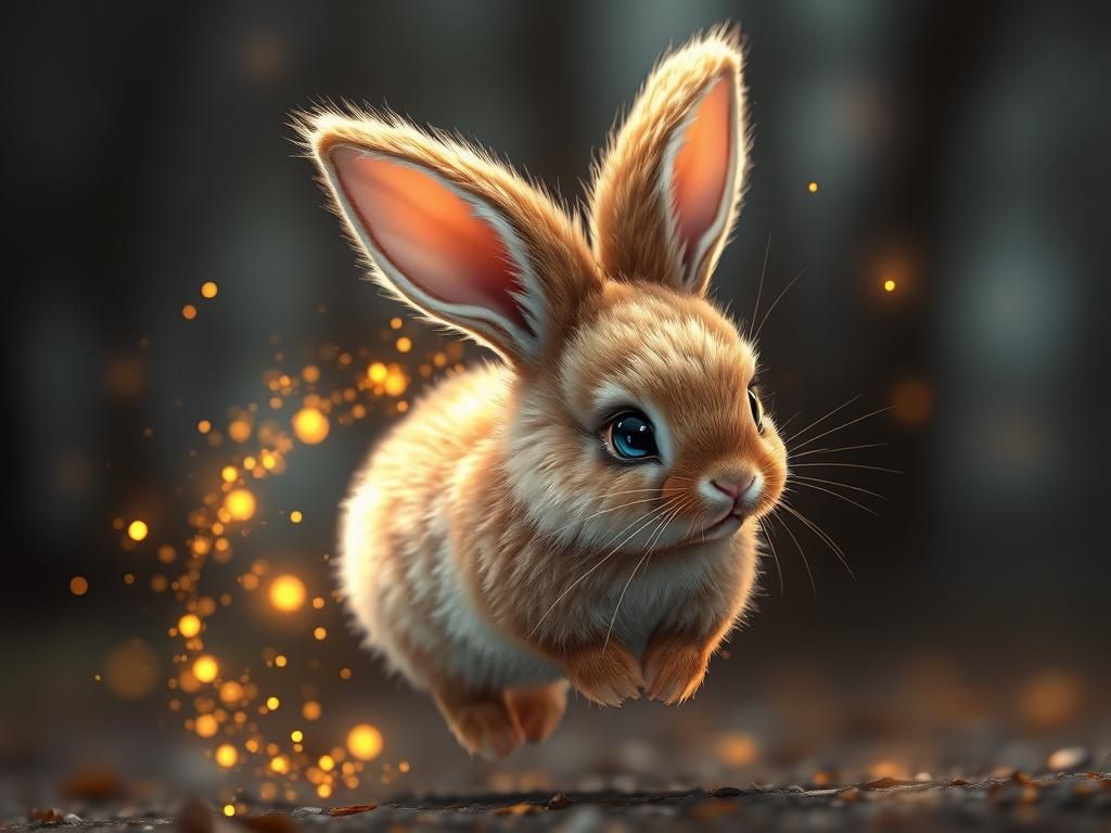 a digital artwork of an adorable cute chibi floppy eared bunny hopping al9ng the ground, with big & blue expressive eyes...