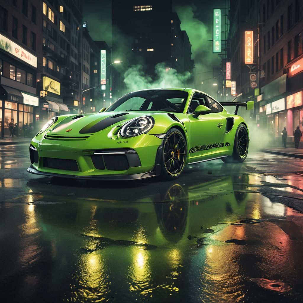 A lime green Porsche 911 GT3 RS drifting through a city at n...