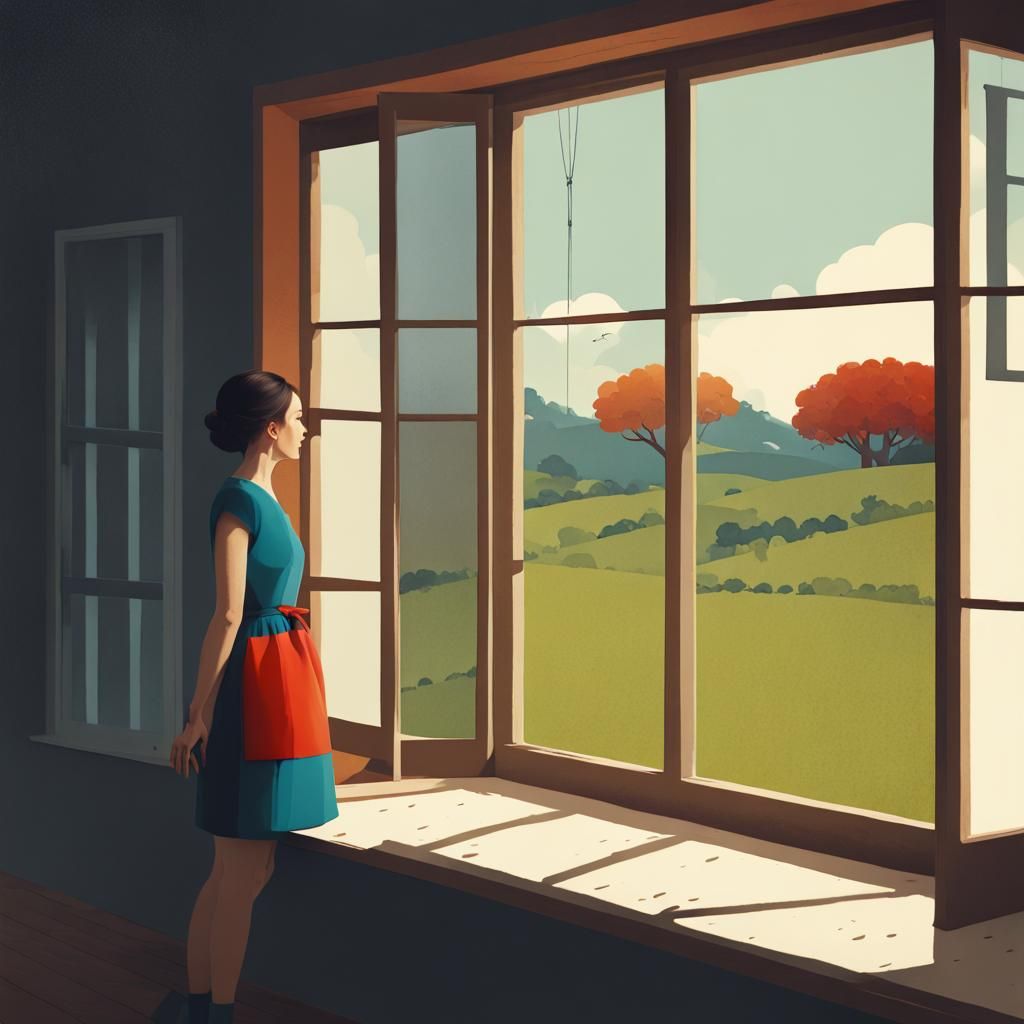 Illustration, woman at the window, house, primary colors, lo...