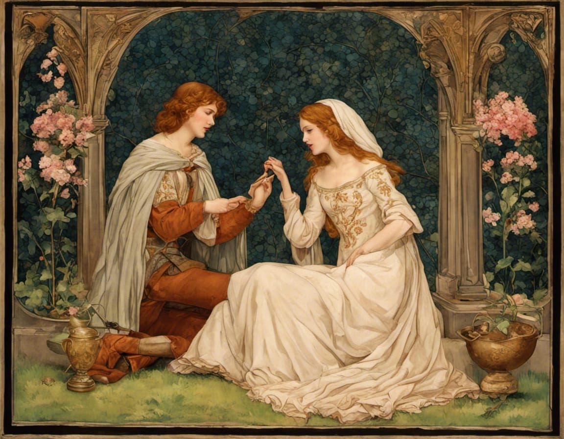 Lancelot and Guinevere in a stolen tender moment surrounded by a