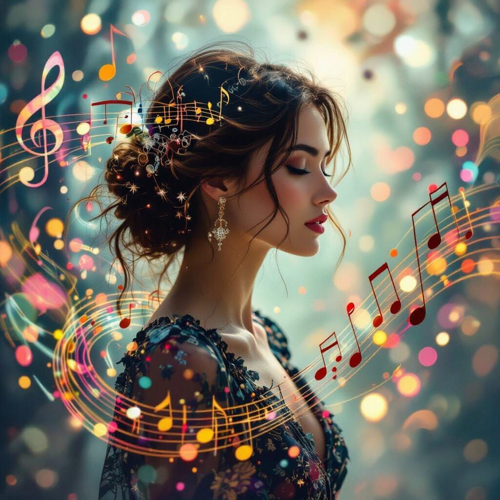 Woman Portrait Merged with Music Notes in Hyperrealistic Sty...