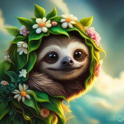 Cute sloth, big eyes, covered in flowers, in clouds   by @Alice 