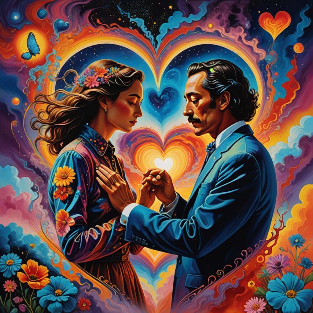 Psychedelic art. A couple holding hands, their forms dissolving into swirling nebulae and vibrant cosmic dust. A heart locket floats between...