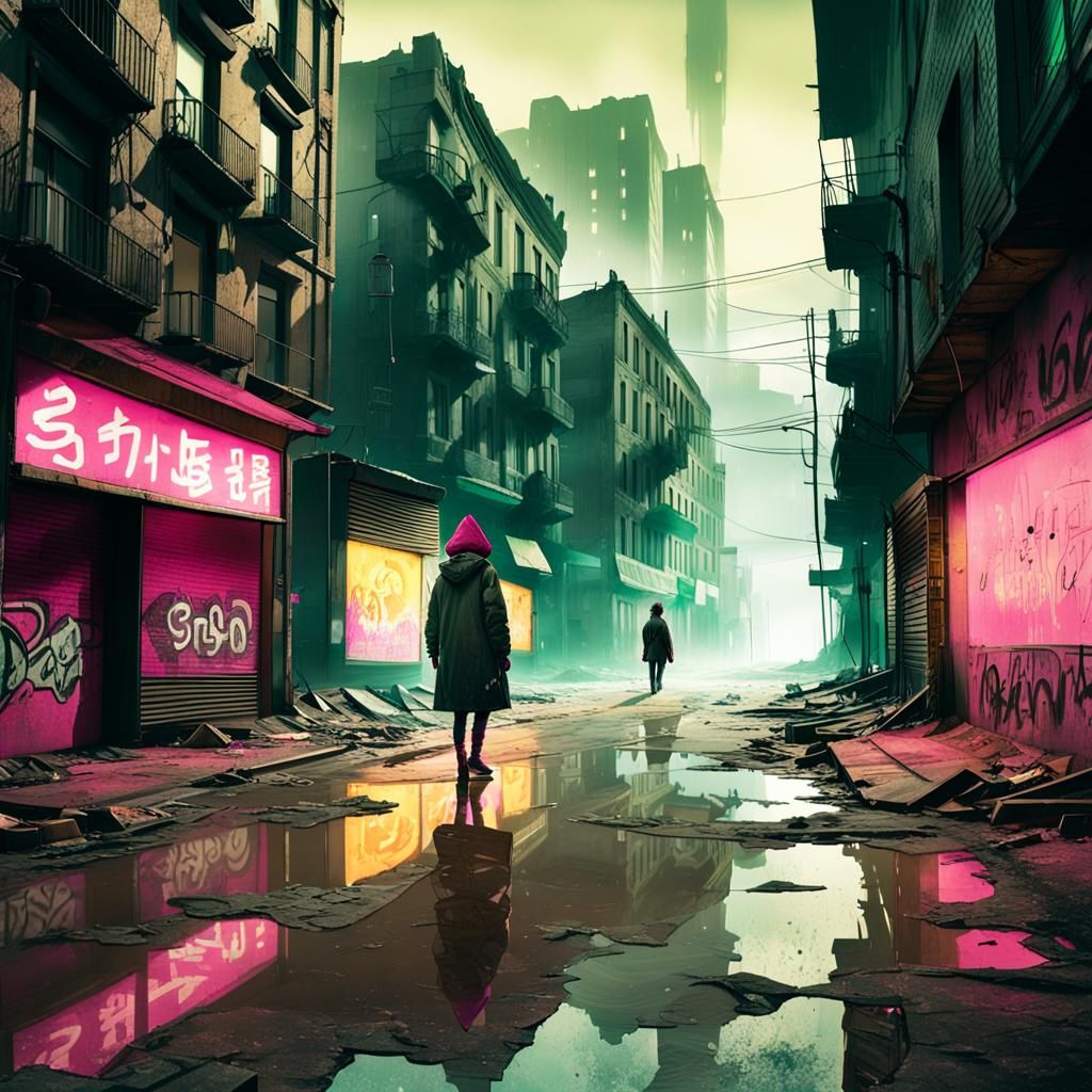 Lonely Figure Stands in Desolate Dystopian City Streets in a...