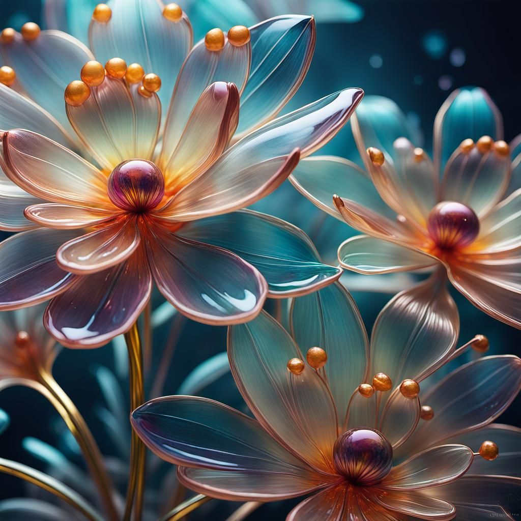 A series of delicate glass flowers, their petals painted with vibrant enamels, capturing the beauty and fragility of nature.