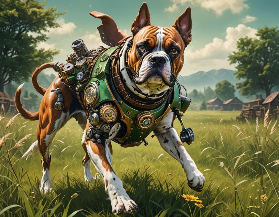 Steampunk-Boxerdog Cyborg plays on a green meadow, photorealistic - AI ...