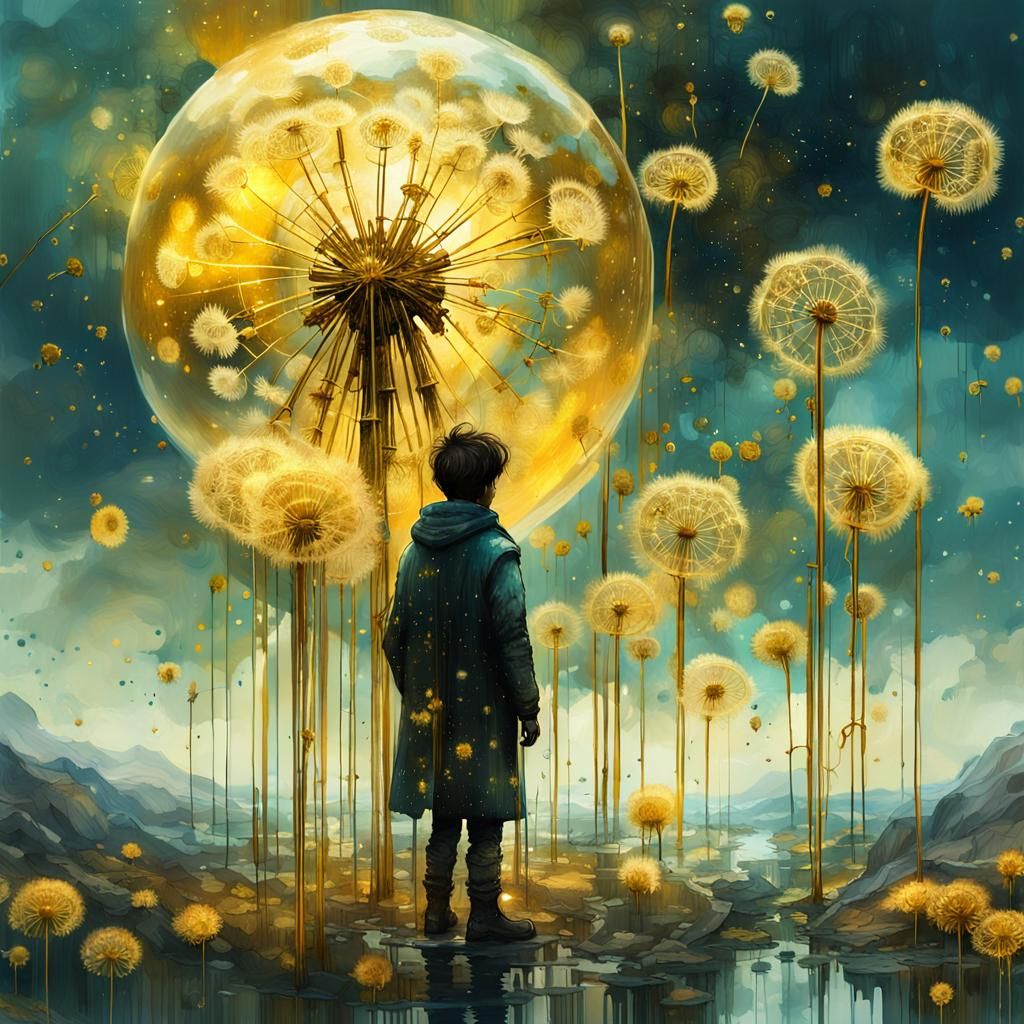 "transaparent blows dandelions sculpture made of transparent gold, descending towards earth from a dreamy ...  by @PaulaH