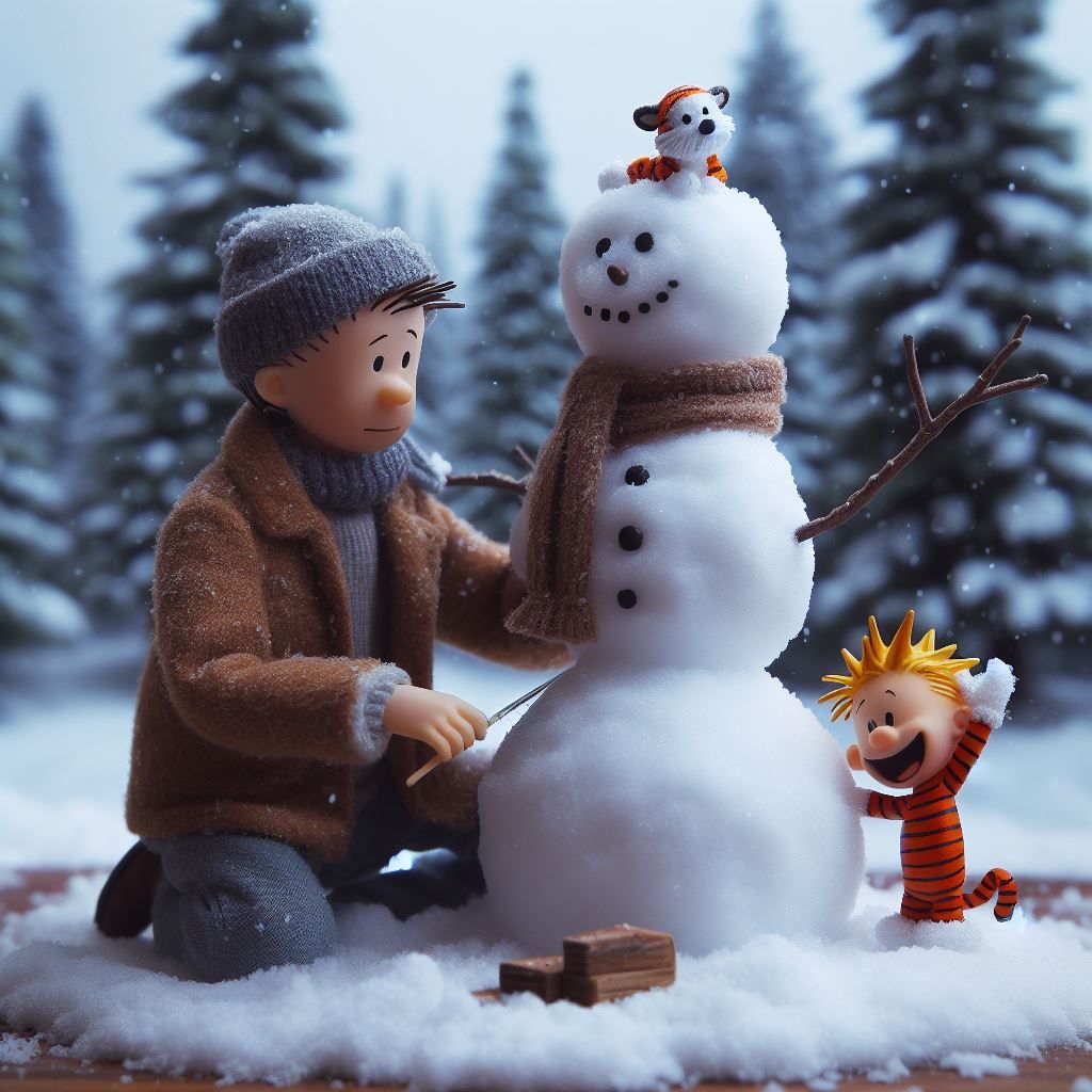 Calvin & Hobbes and his dad making a snowman