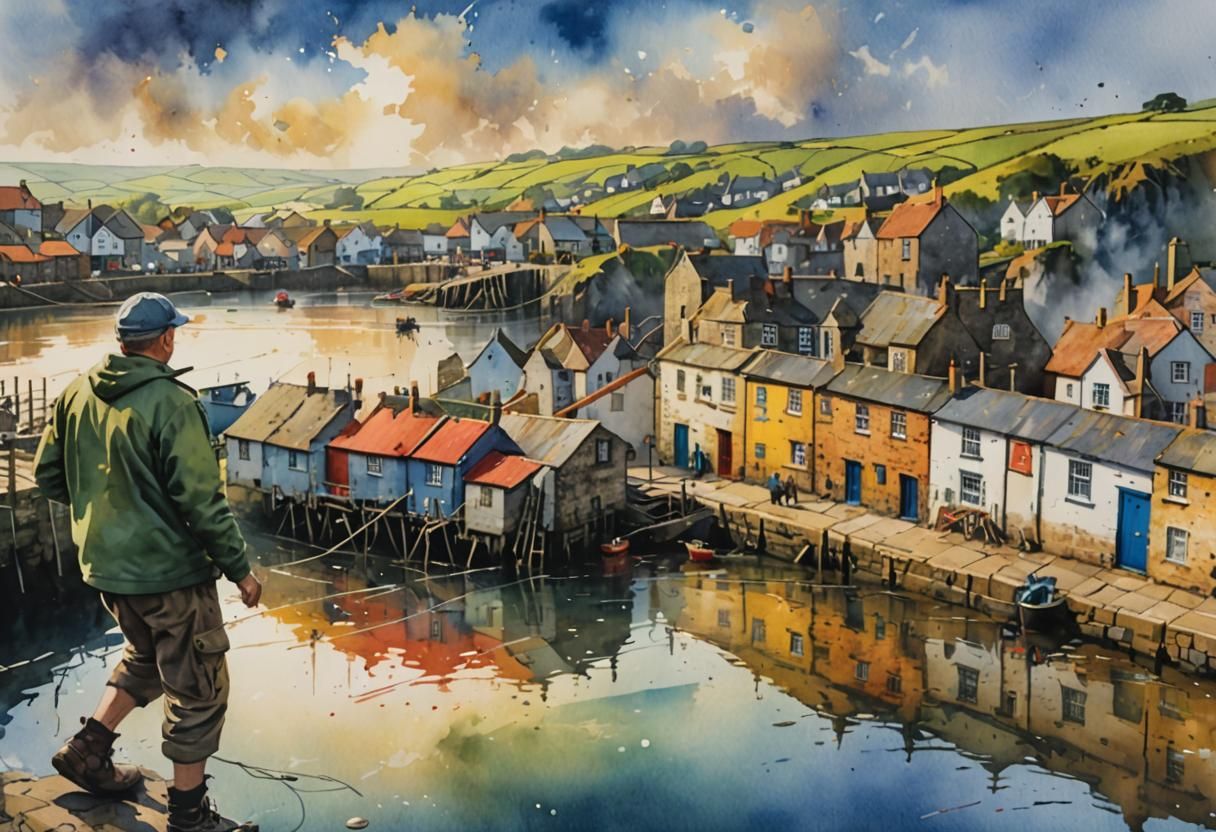 Vibrant watercolour of fishing village in Yorkshire