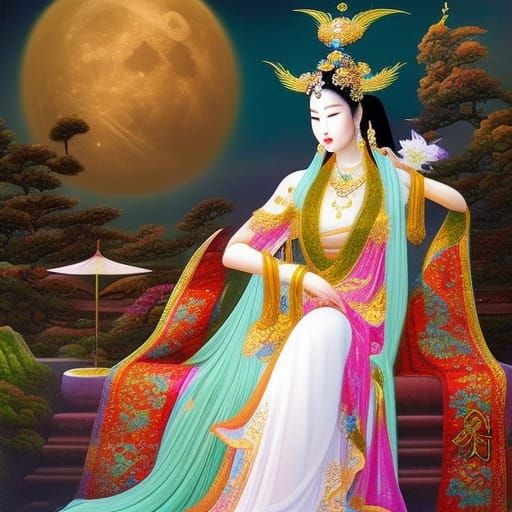 An ethereal depiction of the Moon Goddess Chang’e in her pal...