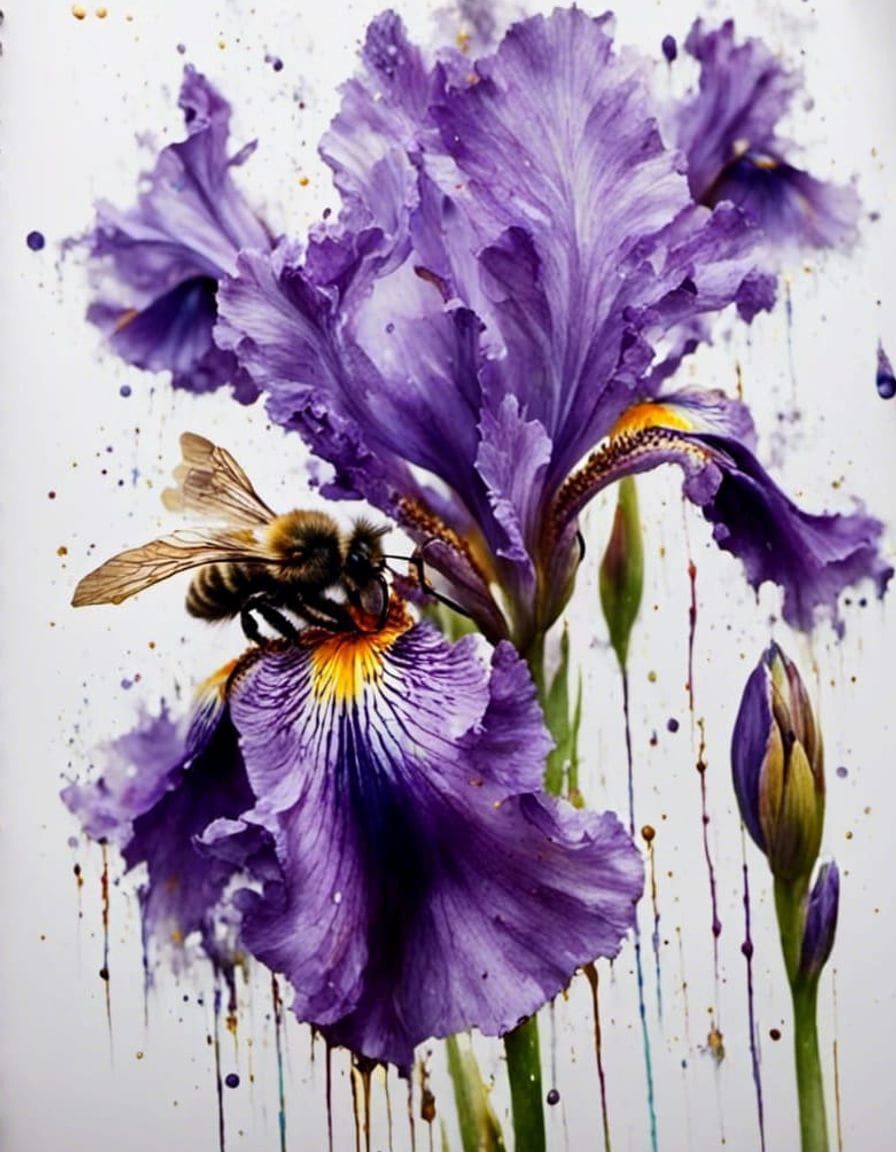 Iris watercolour study with bee<lora:MakeItPretty:1.0> <lora:Wild Storm:1.0> <lora:NC Hyperreal:1.0> ...  by @CardinalBiggles