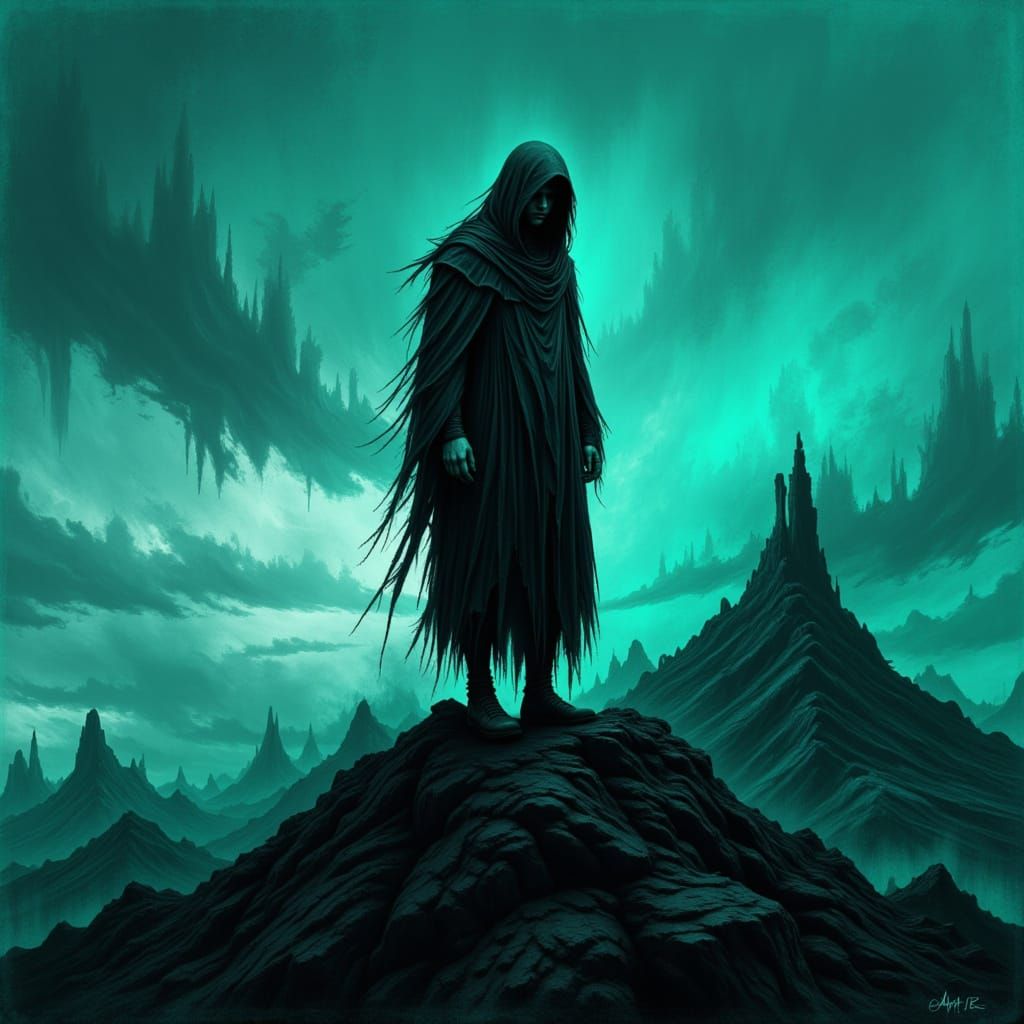 <lora:MrsH-TealMelancholia:1.0> A lone figure clad in black robes stands atop a volcanic peak, silhouetted against a sky ablaze with fiery t...