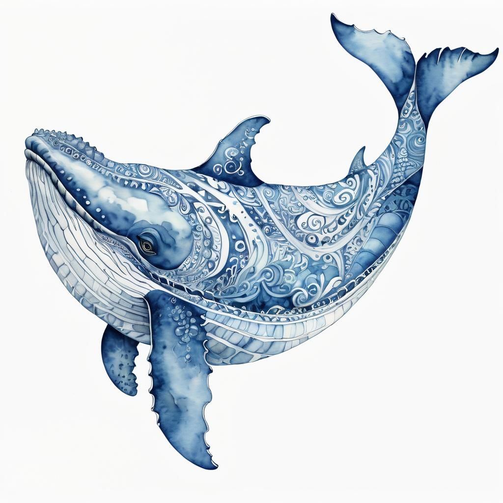watercolor illustration  of delft blue, zentangle ,chinoiserie humpback whale in white background