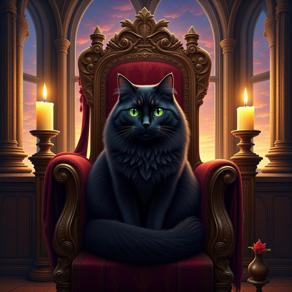 a pure black cat with extremely fluffy fur, sitting regally on an ancient, intricately carved wooden throne. The cat is illuminated by the w...