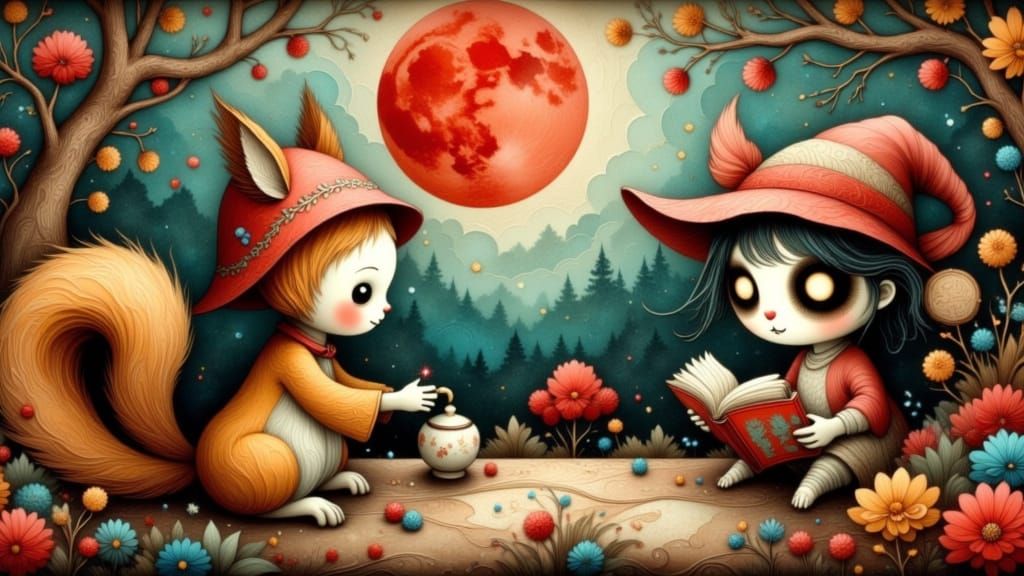 A whimsical scene of anthropomorphic woodland creatures having a tea party in a sun-dappled glade. A mischievous squirrel pours tea from a d...