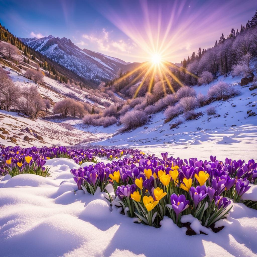 Snow covered Cimarron  canyon with bright purple and yellow crocus flowers emerging from the snow.  Glistening ...  by @Crazy fish