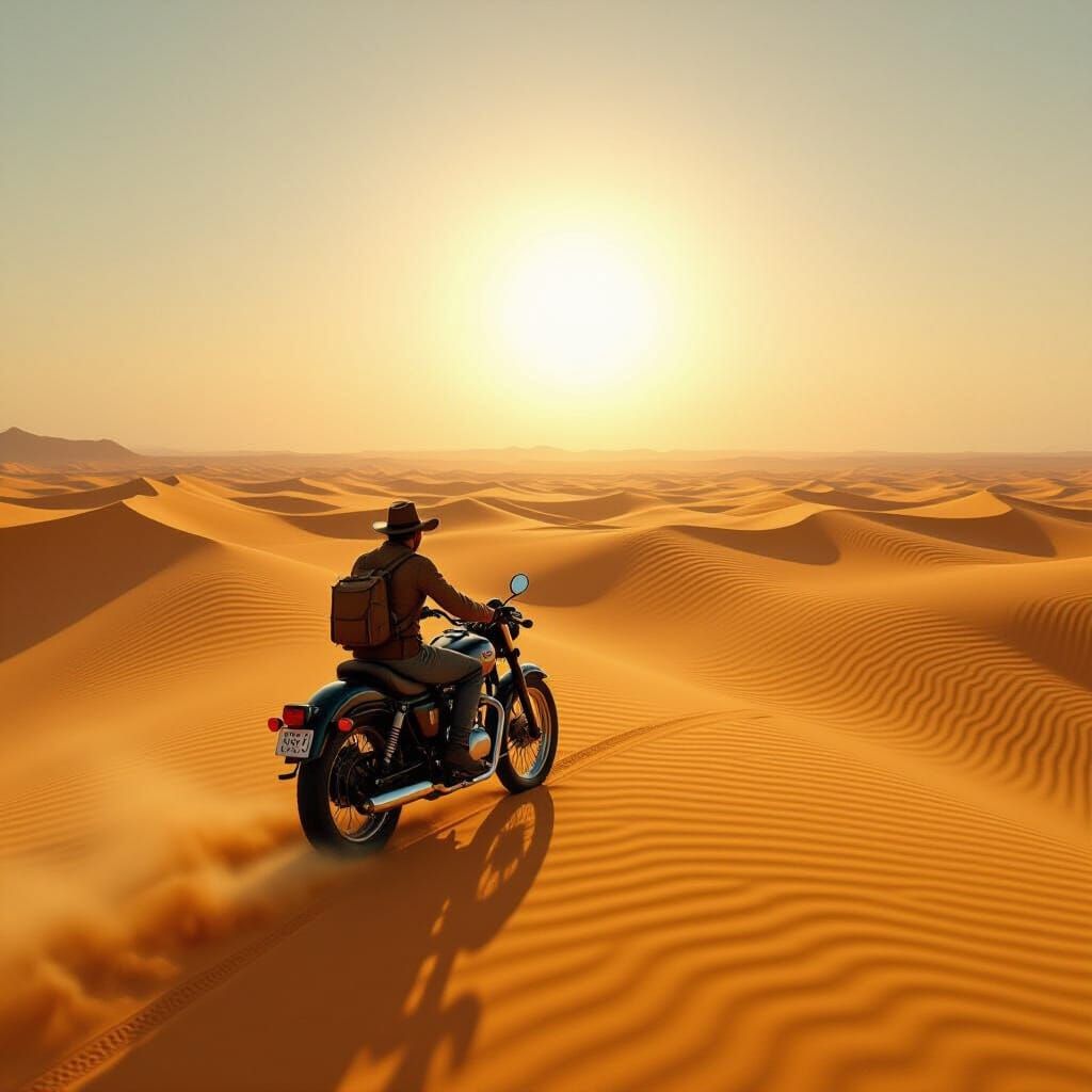 Vintage Motorcycle Rider in Vast Sahara Desert