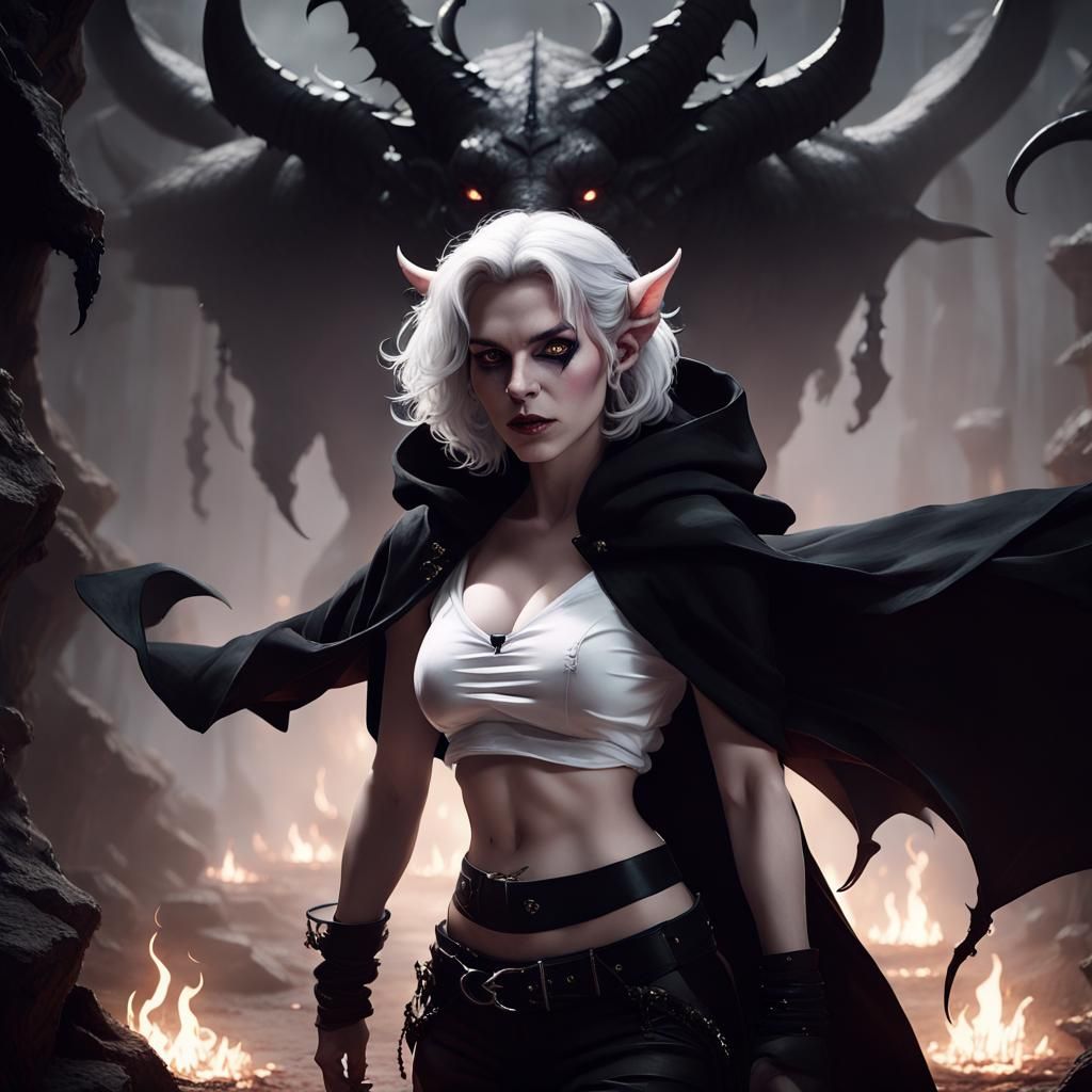 Action shot of a female Tiefling with pale skin and shoulder length white hair. She is wearing thick black eyeliner. She has multiple ear pi...