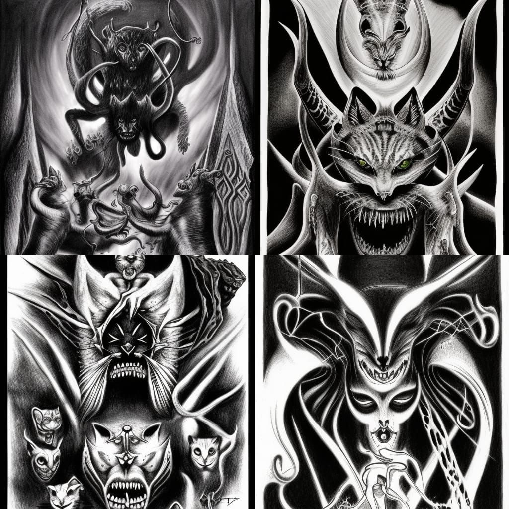 black and white ink drawing, myriad demonic cat faces Joseph Vargo ...