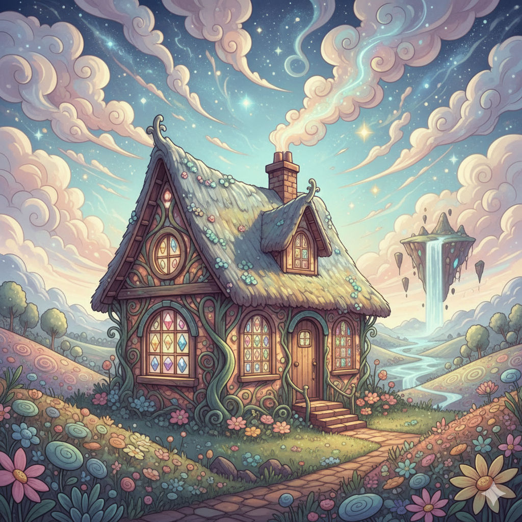 A cottage with gemstone windows