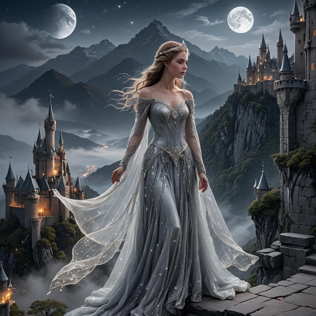 beautiful princes on terrace of castle with mountains in bac...