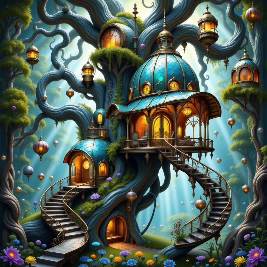 Luminous village of perched glass houses