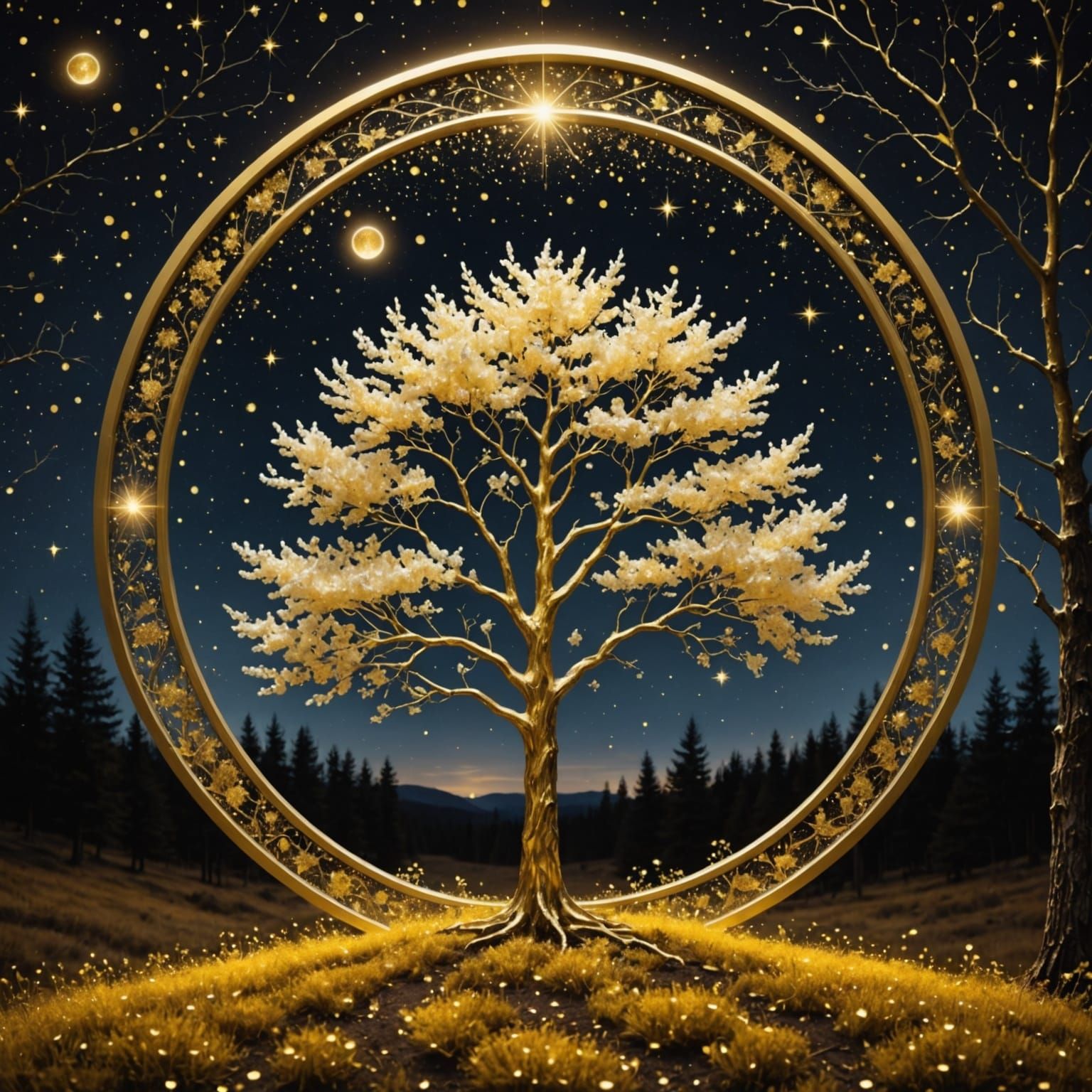 Blooming white-black-golden tree in gold forest with sprinkles in ground, inside a glowing circle fond window frame in gold and black, magic...