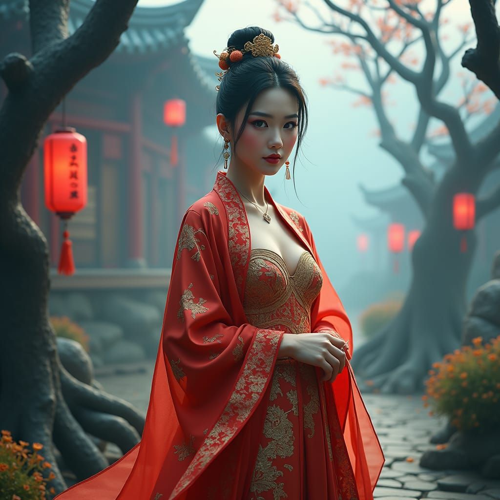 Mysterious Chinese Woman in Ancient Landscape