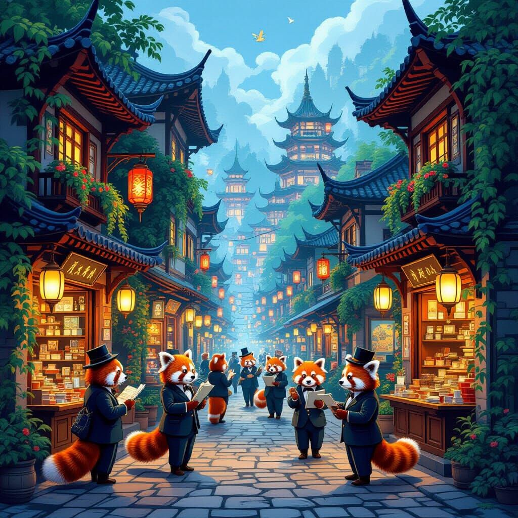 A whimsical cityscape where red pandas, dressed in tiny, tailored suits and hats, conduct business in bustling street markets. Buildings are...