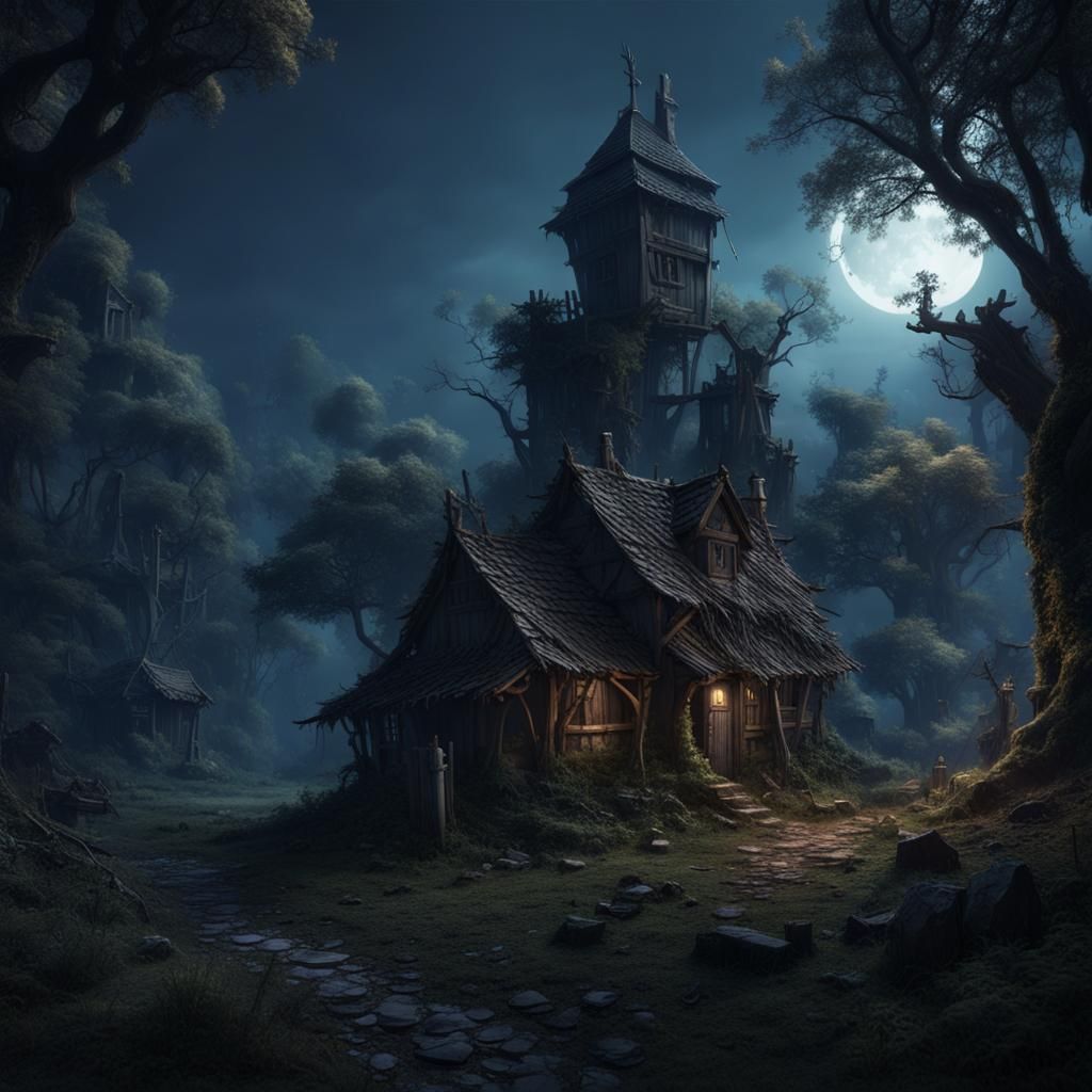 Abandon village in a dark forrest, moonlight,  detailed matt...