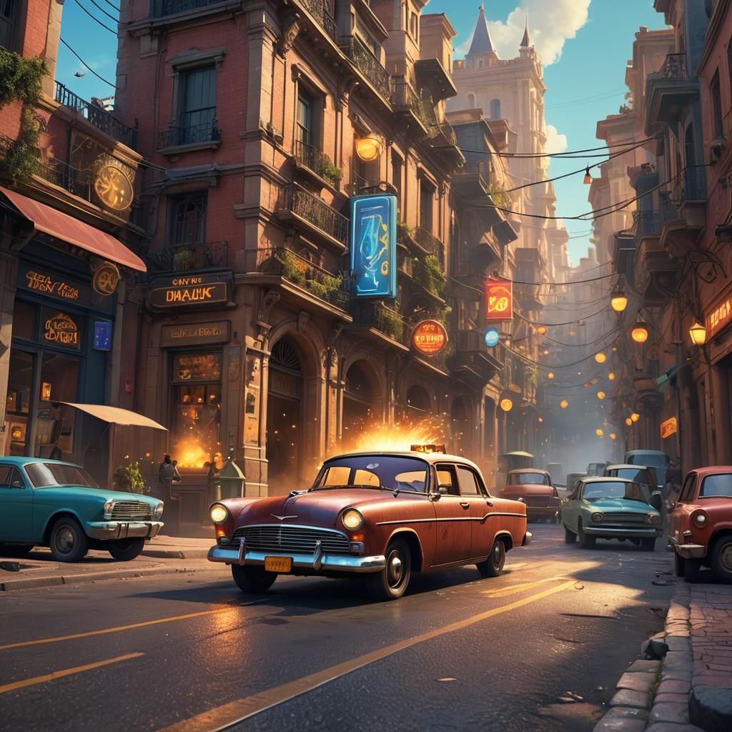 An old car emits electric sparks and colored lights while tr...