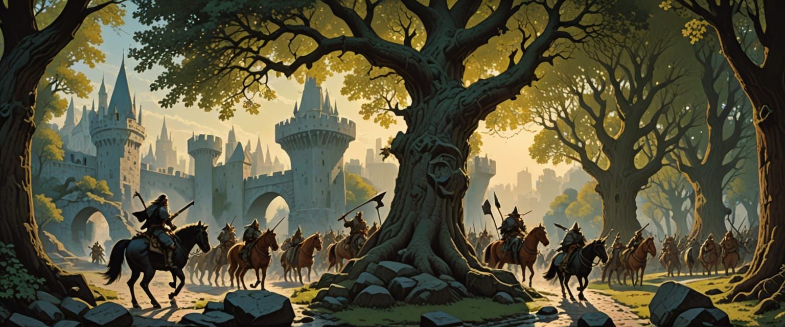 Underneath the Spreading Trees, Intricate Shadows On The Ground, A Fantasy Scene, The White City, A Stone Bridge, Dragons Fly, by Brothers H...