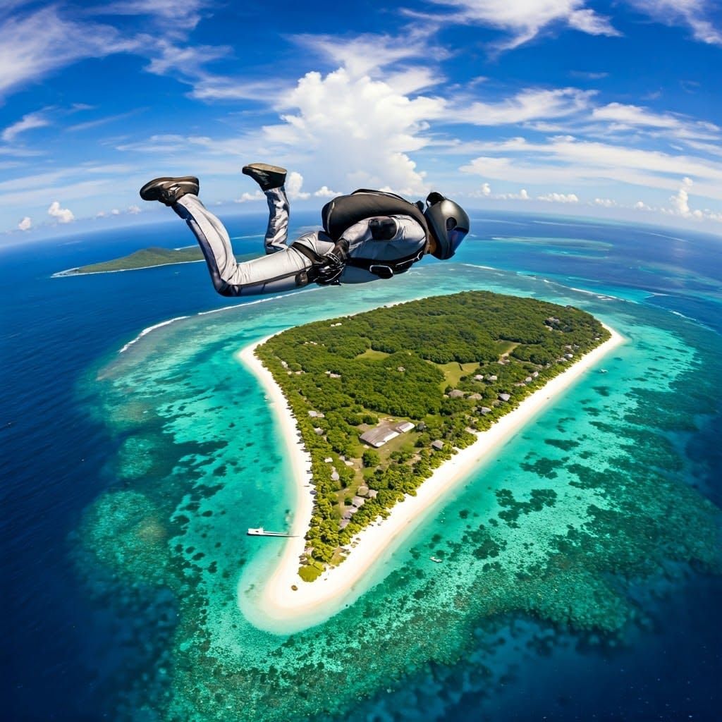 A skydiver descending over a tropical island, with the turquoise ocean and coral reefs below  by @Rukbat