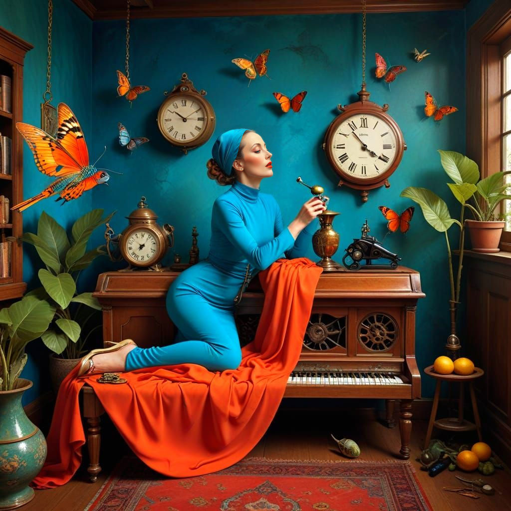 Surrealistic Lady in Whimsical Scene