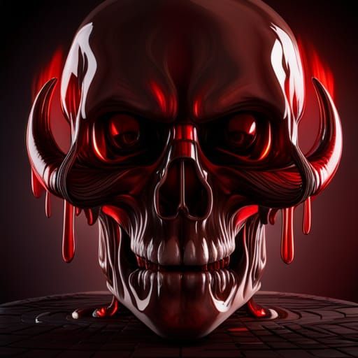 perfect melting glass skull with with blood dripping from devil horns on its head and ruby reflective eye,emerald tooth ...