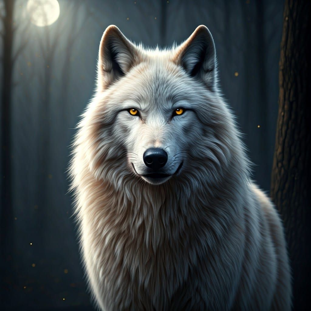 Regal Wolf in Misty Forest, Illuminated by Soft Ethereal Glo...