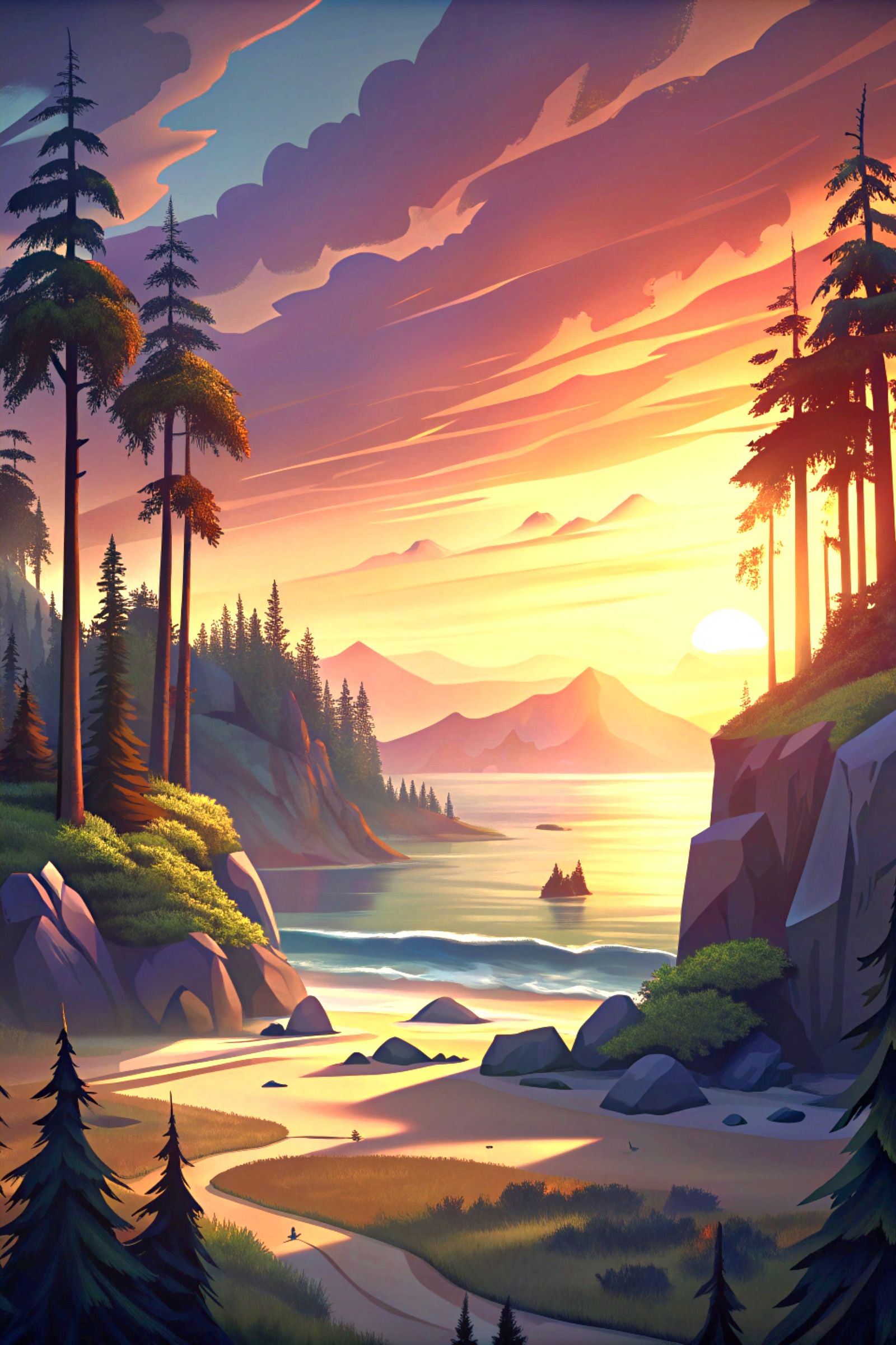 Landscape of a beach sunset, the beach is modeled after beaches in the Pacific Northwest